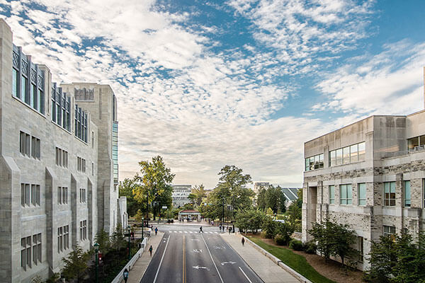 An overview of Fee Lane with Hodge Hall on left and the Godfrey Graduate Executive Education Center on the right. Trees line both sides of Fee Lane and students are walking on the sidewalks.