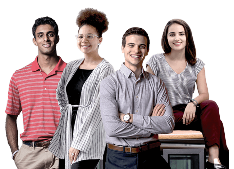 Business casual attire for men and women is modeled by four Kelley students from diverse backgrounds, including a variety of combinations of shirts and pants in complementary colors.