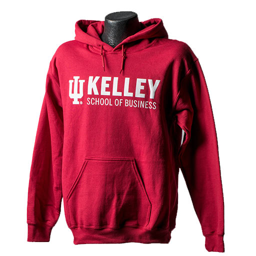 Red hooded sweatshirt with a white Kelley School of Business logo across the chest
